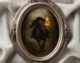 Headless Horseman Wall Art, Gothic Oil Painting, Dark Moody Paint, Halloween Decor, Vintage Academia, Autumn Spooky Home Decor Canvas Print