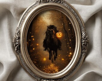 Headless Horseman Wall Art, Gothic Oil Painting, Dark Moody Paint, Halloween Decor, Vintage Academia, Autumn Spooky Home Decor Canvas Print