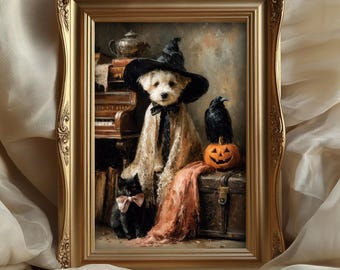 Funny Halloween Pet Wall Art, Vintage Oil Painting with West Highland Terrier, Black Cat, Raven Crow, Witch Hat, Rustic Spooky Print Decor