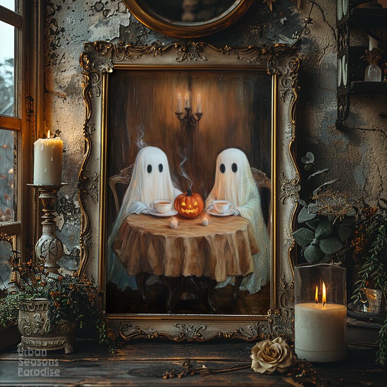 May include: A framed painting depicts two ghost figures seated at a table with teacups and a carved pumpkin. The painting is in a gold ornate frame, with candles and floral arrangements in the foreground. The text "Urban Seasons Paradise" is visible.
