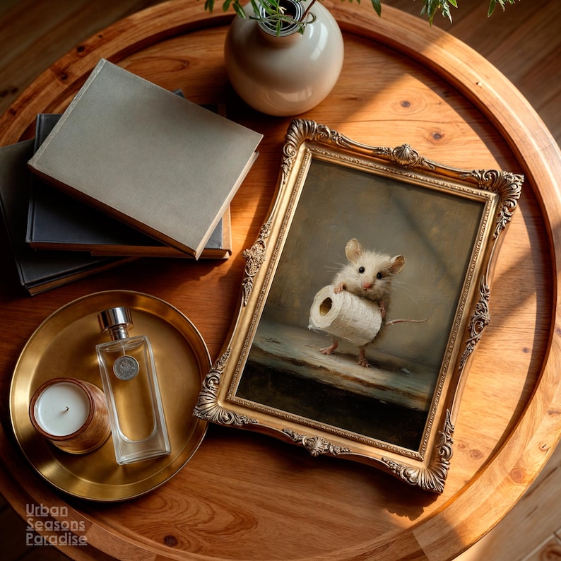 Op de afbeelding: Een ingelijste kunstdruk met een kleine muis die een rol toiletpapier vasthoudt, gepresenteerd in een sierlijke gouden lijst. Het kunstwerk ligt op een ronde houten tafel naast een stapel boeken, een glazen parfumflesje en een kaars.