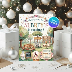 May include: A colorful invitation for Aubrey's 8th birthday party, featuring a whimsical design with a pizza and ice cream theme. The invitation includes the text "Please join us for AUBREY'S is turning 8" and event details.