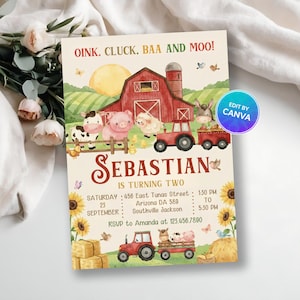 May include: A farm-themed birthday invitation with a red barn, tractor, and various farm animals. The invitation includes the text "OINK, CLUCK, BAA AND MOO!" and "SEBASTIAN IS TURNING TWO". The design features sunflowers and hay bales.
