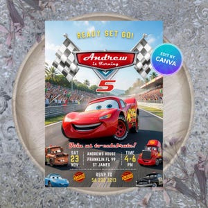 Lightning McQueen Cars 5e verjaardagsuitnodiging, Cars verjaardagsfeestje uitnodigen voor kinderen, raceauto thema Lightning McQueen uitnodigen, bewerkbare Canva