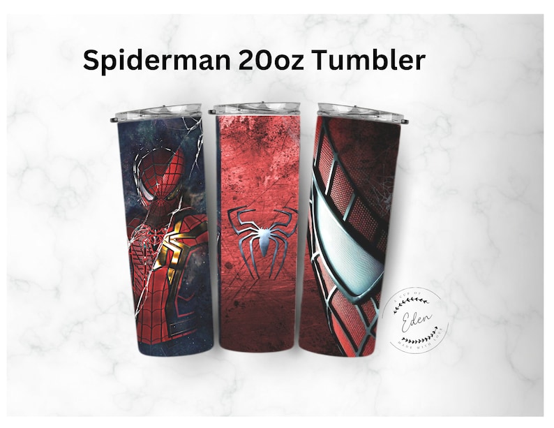 May include: Three 20oz stainless steel tumblers with different Spiderman designs. The tumblers are red, blue, and black with a Spiderman graphic on each. The tumblers are on a white marble surface.
