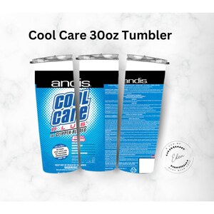 May include: A 30oz stainless steel tumbler with a blue and white design featuring the Andis Cool Care Plus for Clipper Blades product label. The tumbler has a black lid and a white base.