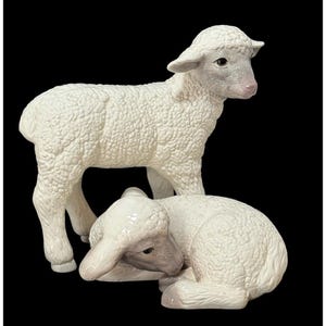 May include: A ceramic figurine set featuring two white lambs with textured wool details. One lamb stands upright looking to the right, while the second lamb rests on the ground in front, with its head turned downward and ears drooping toward the floor.