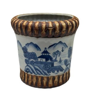 Vintage Chinese Blue & White Planter | Bamboo Landscape Chinoiserie Cache Pot