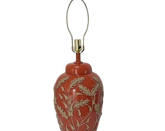 Chinese Style Mid Century Ginger Jar Lamp Rich Orange Raised Botanical Relief 29”T