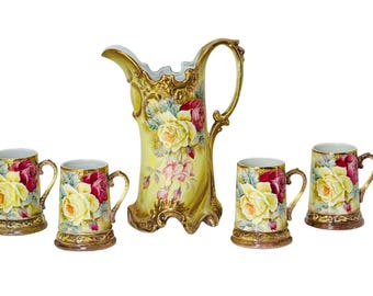 Antique Nippon Chocolate Set, Hand-Painted Roses Pitcher and Mugs, Art Nouveau Porcelain