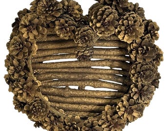 Goldener Tannenzapfen-Herzkranz, rustikale Türdekoration im Waldstil, Wandbehang im Landhausstil (30,5 x 27,9 cm)