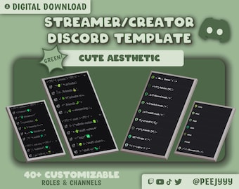 May include: A digital download template for a Discord server with a cute aesthetic. The template features a green color scheme and over 40 customizable roles and channels. The text "STREAMER/CREATOR DISCORD TEMPLATE" is displayed in large, bold letters at the top of the image.