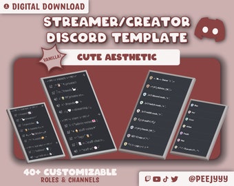 May include: A digital download template for a Discord server with a cute aesthetic. The template features 40+ customizable roles and channels, including private channels, streaming channels, and staff channels. The template is designed for streamers and creators.