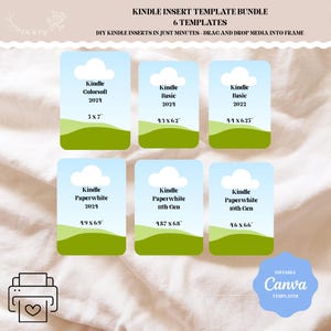 May include: A Kindle insert template bundle featuring six rectangular templates with a light blue sky, white cloud, and green landscape graphic. Each template lists specific Kindle models and dimensions in inches, including 5x7, 4.3x6.2, 4.4x6.25, 4.9x6.9, 4.87x6.8, and 4.6x6.6.