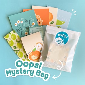May include: A blue and white "Oops! Mystery Bag" with a variety of colorful paper goods inside. The bag is open and the contents are visible. The paper goods include a notepad, a notecard, and a few decorative papers with fruit and floral designs.