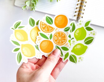 May include: A set of three colorful fruit stickers featuring lemons, limes, and oranges. The stickers are perfect for adding a touch of whimsy to notebooks, laptops, water bottles, and more.