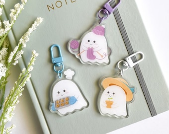 Spooky Ghost Keychain | Cute Ghost Keychain | Knitting Ghost, Baking Ghost, Gardening Ghost | Double-Sided Acrylic Keychain