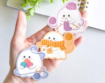 Spooky Knitter, Spooky Crocheter, Spooky Yarn Haul | Knitting Ghost, Crocheting Ghost, Yarn Haul Ghost | Waterproof Matte Vinyl Sticker