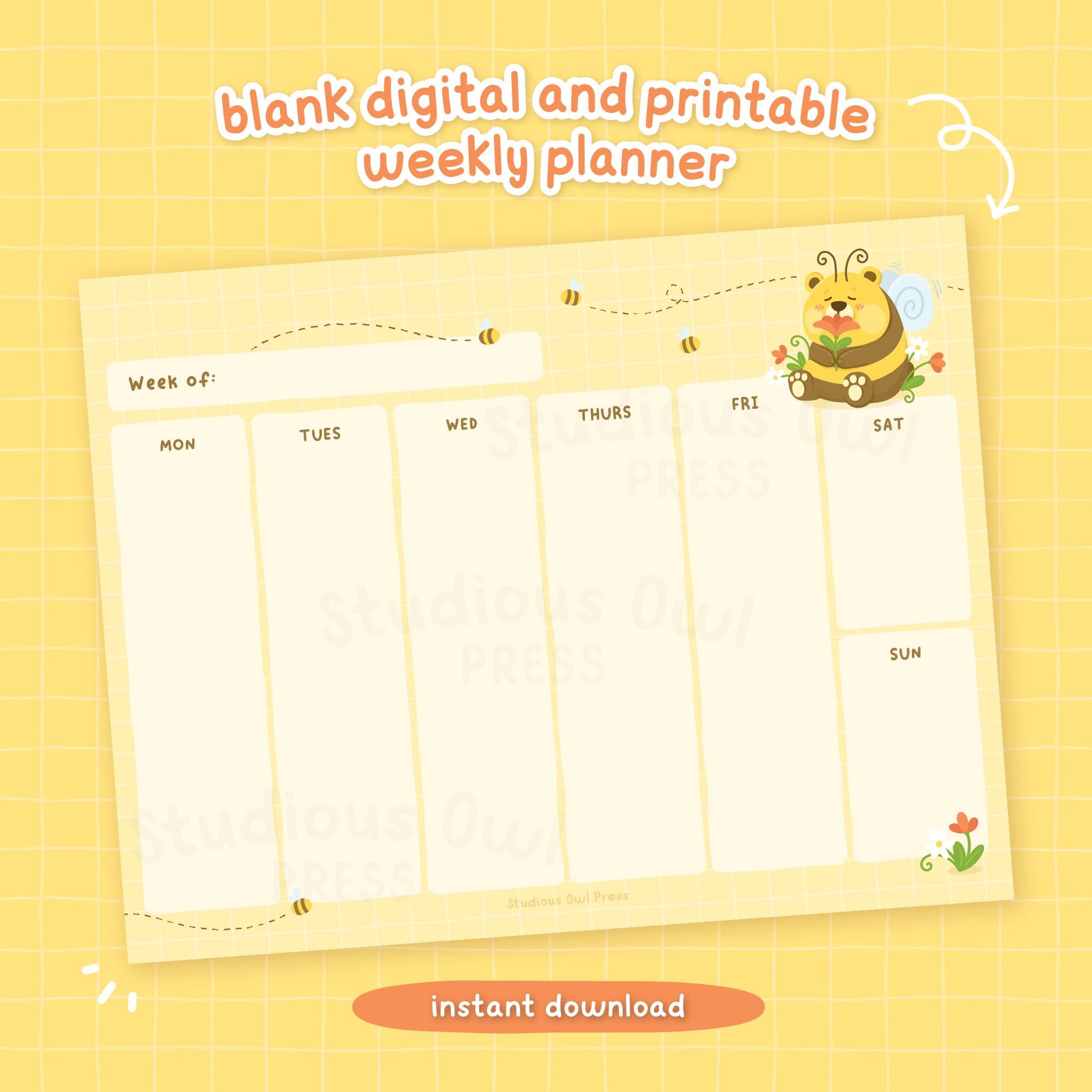 Digital & Printable Blank Weekly Planner | Bee Bear | 8.5" X 11" | Cute ...