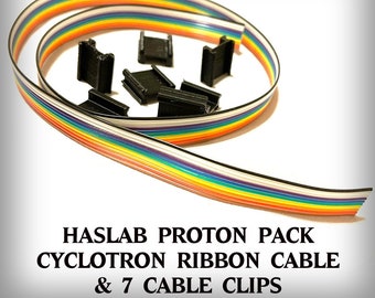 May include: A rainbow colored ribbon cable with seven black plastic cable clips. The cable is labeled "HASLAB PROTON PACK CYCLOTRON RIBBON CABLE & 7 CABLE CLIPS".