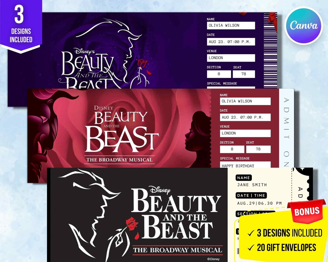 Printable Beauty and the Beast Ticket Editable Tickets Etsy