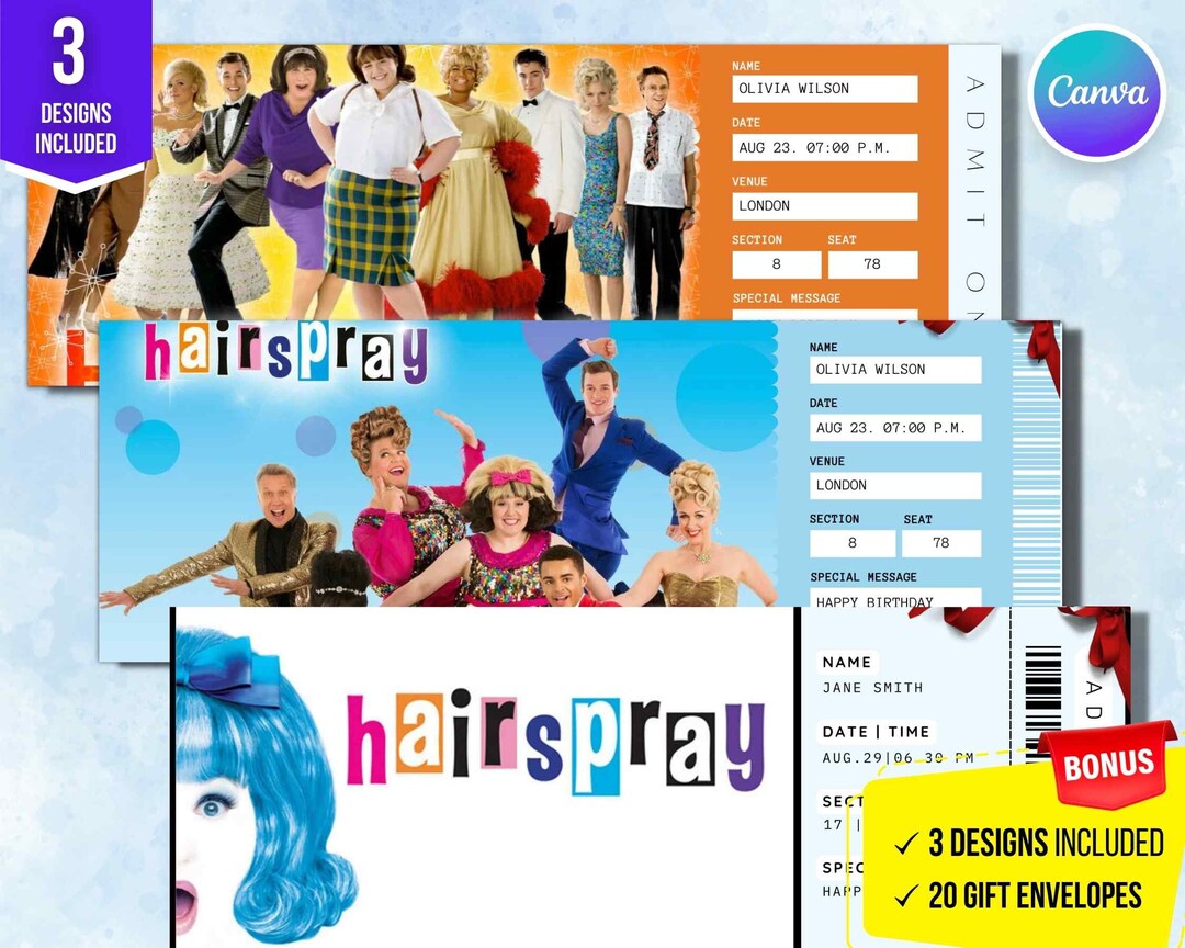 Printable HAIRSPRAY Broadway Surprise Ticket. Editable Musical Etsy