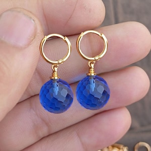 Royal Blue Earrings Dangle, Gold Sapphire Earrings, Deep Blue Earring , Blue Crystal Earring Drop, Lever back Sparkly Faceted Sphere Jewelry