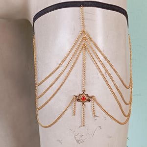 Gold Thigh Chain Jewelry for Women | Lotus Boho Body Chain with Red Stone | Adjustable Leg Chain | handmade Jewelry Statement Leg Accessory