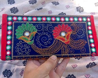 Handmade Embroidered Floral Clutch: Indian Mirror Work Purse