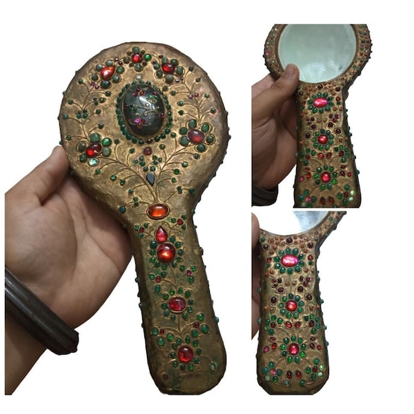 Vintage Handgefertigter Handspiegel aus Edelsteinen, Indischer Handwerks Artikel, Luxus Haus Prunkstück, Hochwertiges Vintage Kunst Produkt