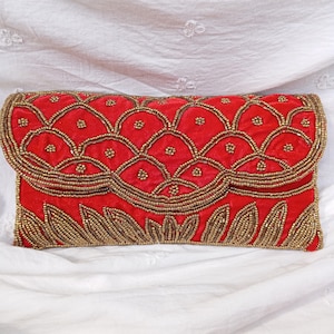 Red velvet beaded clutch, Floral beaded evening bag, Wedding beaded clutch with braided shoulder strap , Bridesmaids gift, Red Retro Clutch