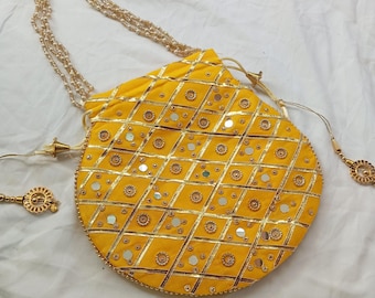 Yellow Potli Bag: Indian Wedding mirror work Clutch with Pearl Handle