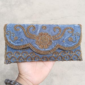 Denim Blue Velvet Beaded Clutch Bag, Hand-Embroidered Evening Purse, Vintage Style Party Bag, Bridesmaid Gift, Indian Handicraft Clutch