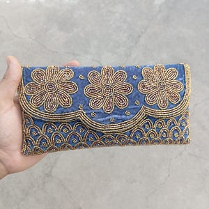 Blue Grey clutch, hand beaded evening bag, Wedding gold beaded clutch with braided shoulder strap , Bridesmaids gift, Retro purse