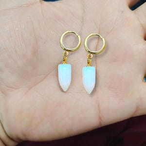 18k gold opal dangle earrings, minimalist opalite Huggies