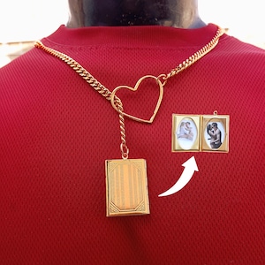 Collar de cadena de oro con colgante de corazón y foto: elegante joyería de cadena de lazo: collar con medallón de recuerdo, joyería minimalista de oro