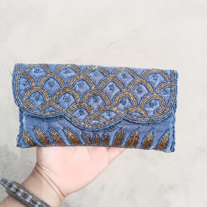 Blue velvet beaded clutch, Floral beaded evening bag, Wedding beaded clutch with braided shoulder strap , Bridesmaids gift, Retro purse