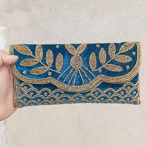 Handmade Beaded Velvet Clutch: Teal Blue Embroidered Evening Bag