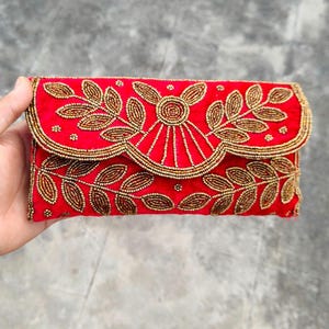 Bolso de mano de terciopelo rojo de lujo con cuentas, bolso de boda indio, bolso de noche bordado, bolso de mano de fiesta, bolso festivo, regalo para ella