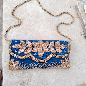 Indian blue floral clutch, wedding clutch bag with braided shoulder strap