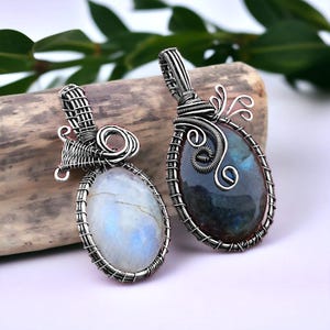 SET OF TWO , Moonstone and Labradorite gemstone pendant necklace sterling silver handmade wire wrap gemstone Pendant chain necklace