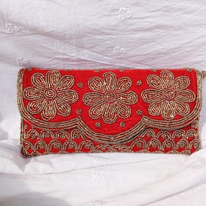 Red velvet beaded clutch, Floral beaded evening bag, Wedding beaded clutch with braided shoulder strap , Bridesmaids gift, Red Retro Clutch