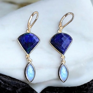 Pendientes de lapislázuli y piedra lunar, colgantes únicos de plata con piedras preciosas, elegantes pendientes hechos a mano.