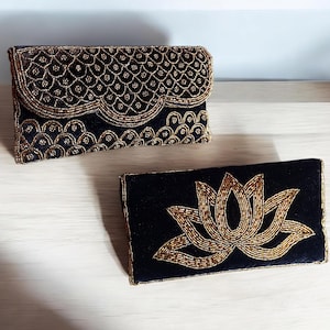 Black velvet beaded clutch, lotus beaded evening bag, Wedding beaded clutch with braided shoulder strap , Bridesmaids gift, Retro purse