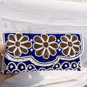 Blue velvet beaded clutch, Floral beaded evening bag, Wedding beaded clutch with braided shoulder strap , Bridesmaids gift, Retro purse