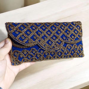 Blue velvet beaded clutch, Golden beaded evening bag, Wedding beaded clutch , Bridesmaids gift, Retro party clutch , gift for mother