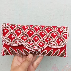 Red velvet beaded clutch, Floral beaded evening bag, Wedding beaded clutch with braided shoulder strap , Bridesmaids gift, Red Retro Clutch