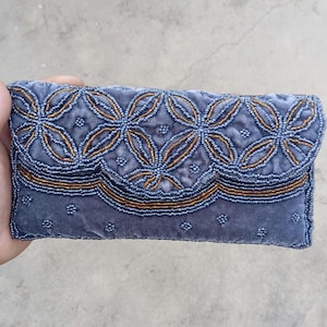 Wrinkled Blue grey velvet beaded clutch, gold beaded evening bag, Wedding clutch with braided shoulder strap , Bridesmaids gift, Retro purse