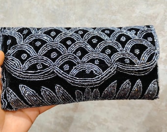 Black velvet clutch purse, indian wedding clutch bag