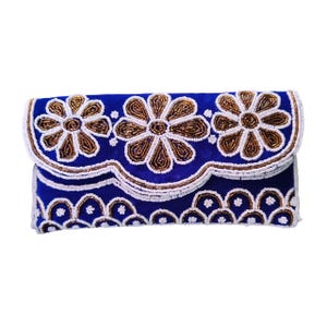 Blue velvet beaded clutch, bridal purse with braided shoulder strap